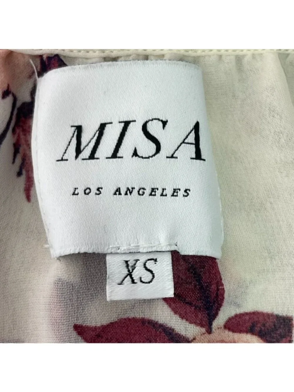 MISA Los Angeles Sia Floral Chiffon Ruffle Blouse XS Burgundy Cream Boho Tassel - Picture 10 of 12